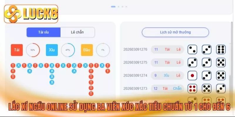Lắc xí ngầu online sử dụng ba viên xúc xắc tiêu chuẩn từ 1 cho đến 6 Lắc xí ngầu online sử dụng ba viên xúc xắc tiêu chuẩn từ 1 cho đến 6
